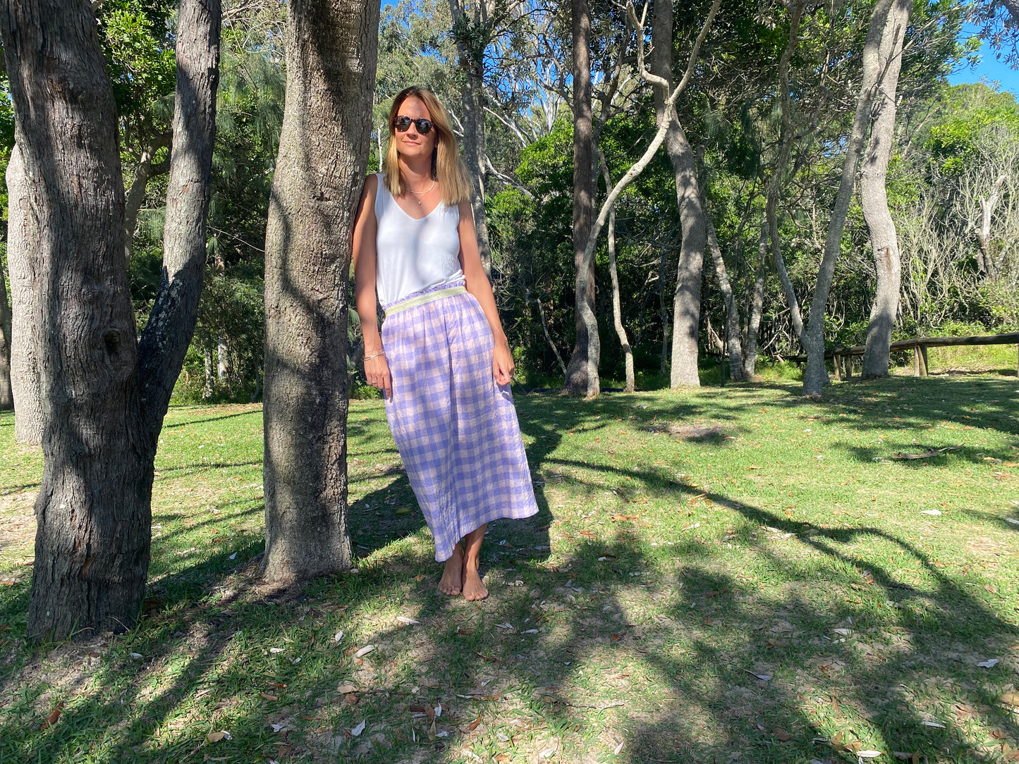 Long woman skirt Harriet, Lilac Bloom cotton fabric with golden elastic