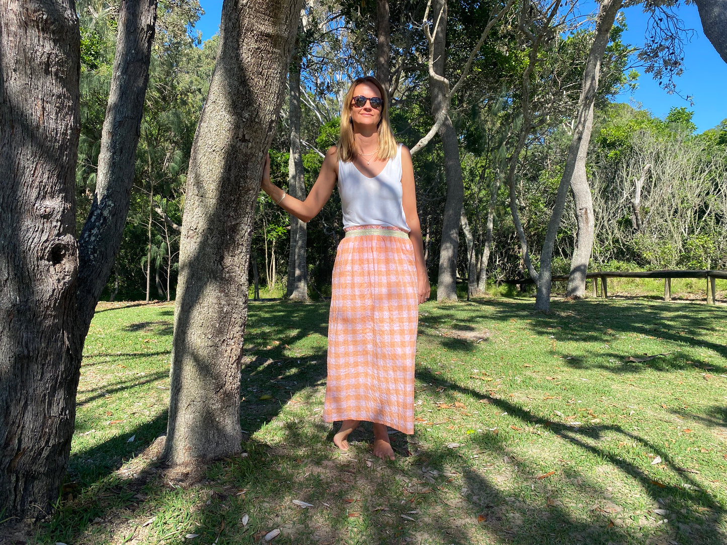 Long woman skirt Harriet, Summer sunset cotton fabric with golden elastic