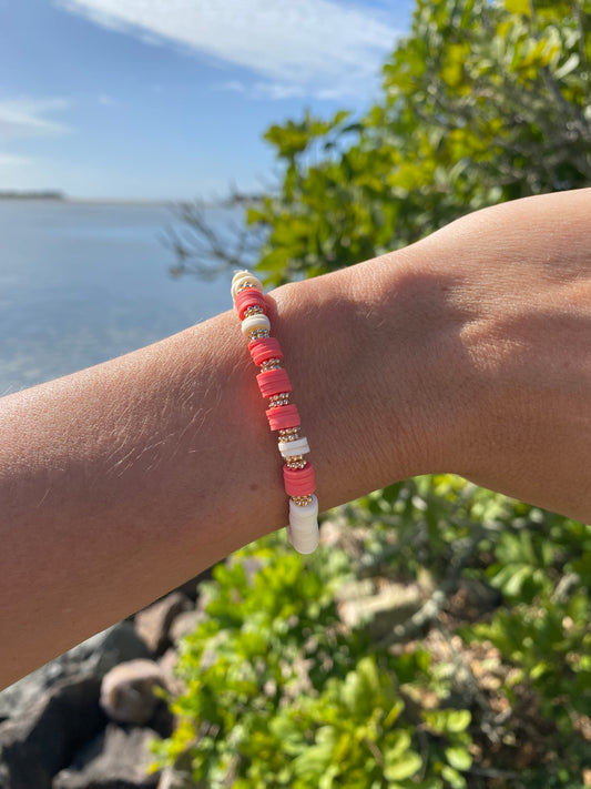 Strawberry pink and white beaded stretch bracelet Romy