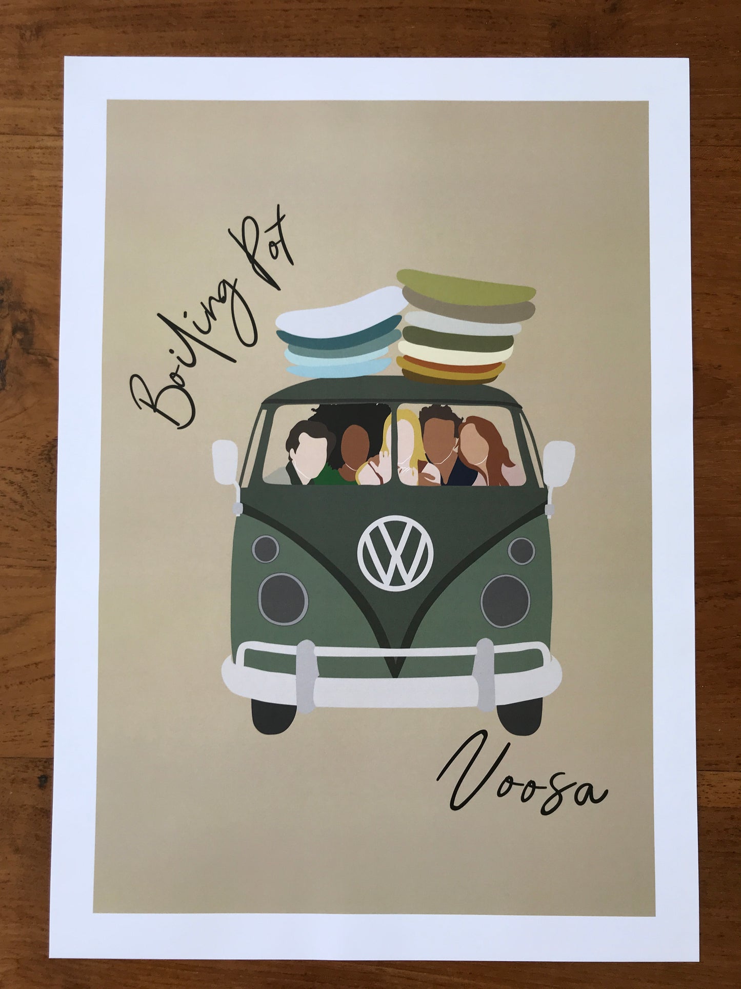 VW van with friends and surfboards, Boiling Point Noosa, ecofriendly poster A3