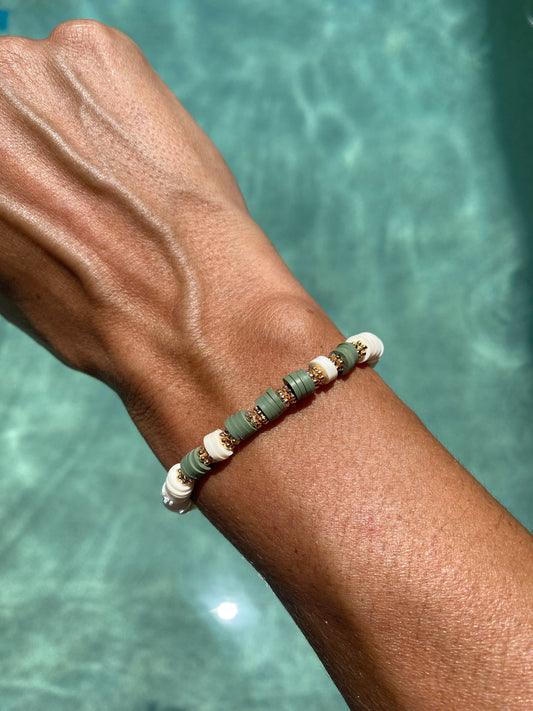 Khaki and white beaded stretch bracelet Romy