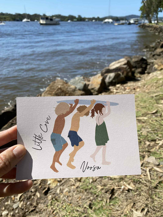 Kids with board, Little Cove Noosa, ecofriendly postcard
