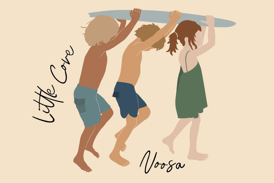 Kids with board, The Groyne Noosa, ecofriendly poster A4