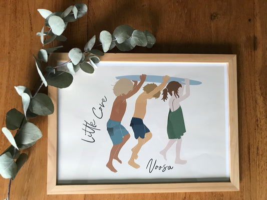 Kids with board, The Groyne Noosa, ecofriendly poster A4