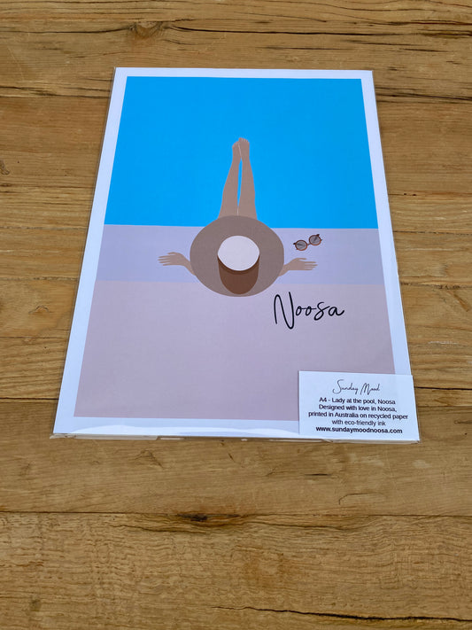 Lady at the pool, Noosa, ecofriendly print A4
