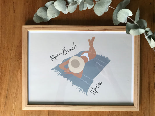 Laying woman, Main beach Noosa, ecofriendly poster A4