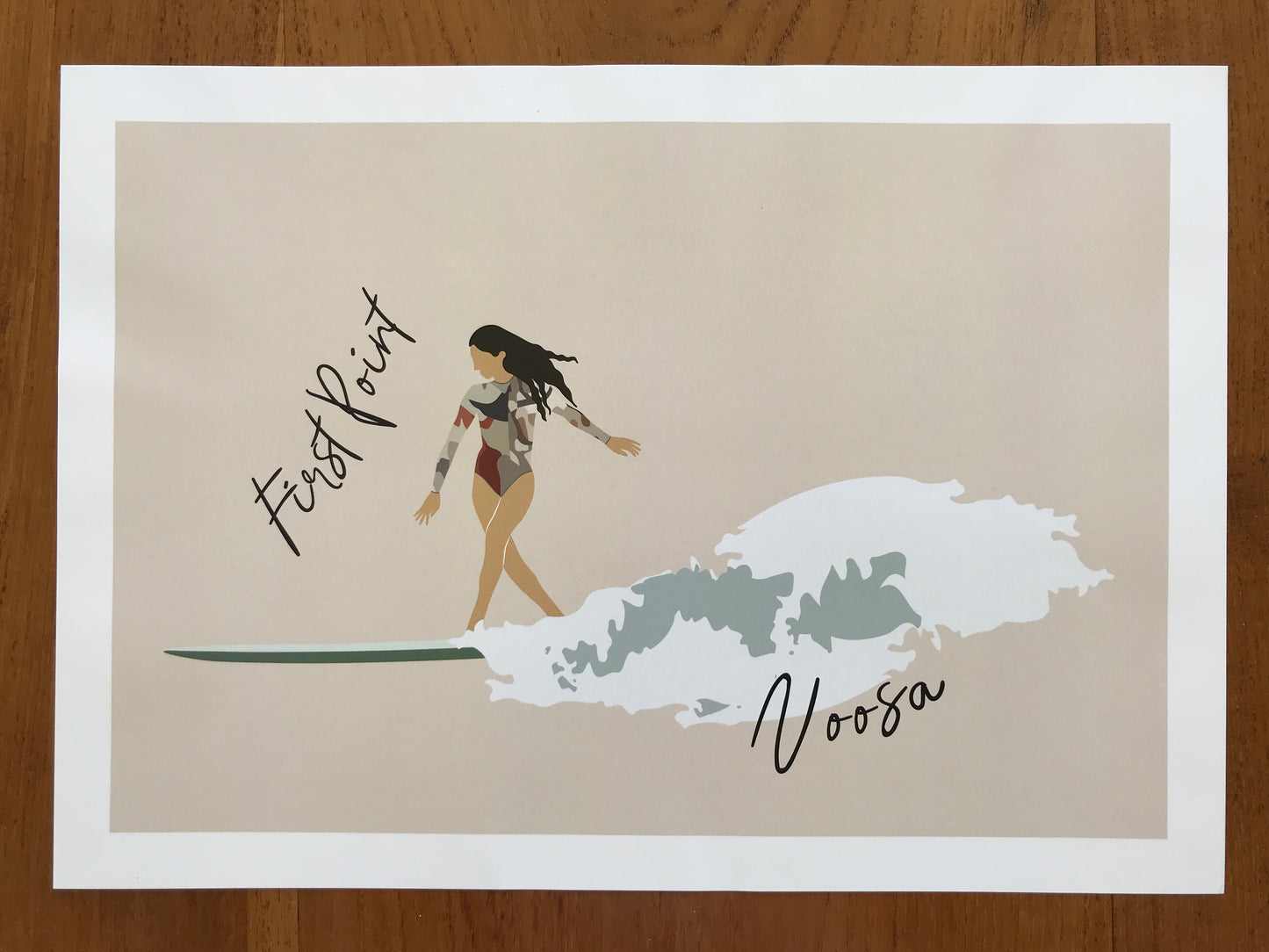 Longboarder woman, First Point Noosa, ecofriendly poster A3