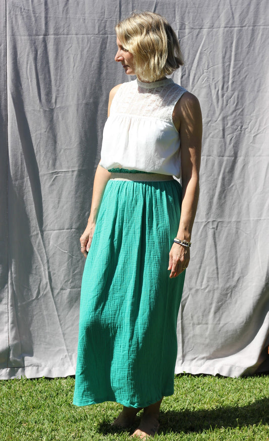 Long woman bright green skirt Harriet, double cloth fabric with golden elastic