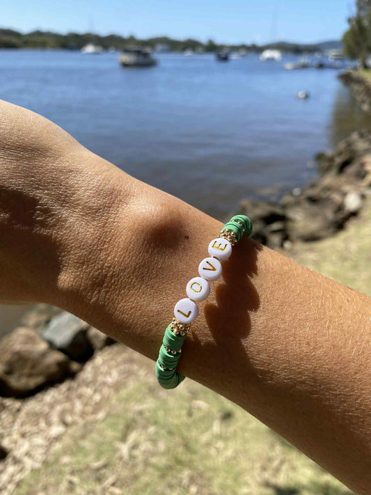 Eucalyptus green LOVE beaded stretch bracelet Romy
