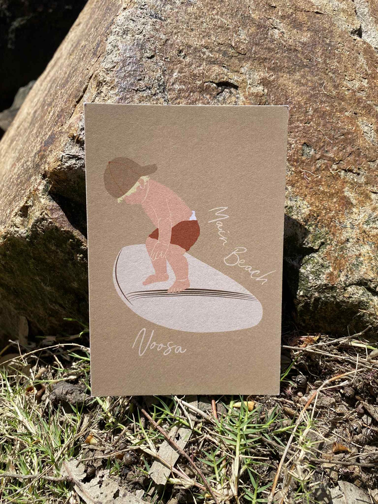 Toddler surfer, Main beach Noosa, ecofriendly postcard