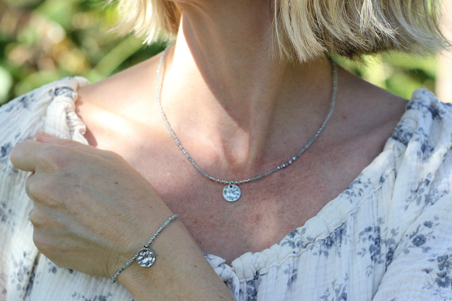 Aqua light blue silver and apatite necklace and bracelet set Sunday Mood water safe jewelry Alba