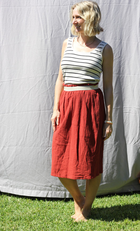 Midi woman ochre red skirt Harriet, double cloth fabric with golden elastic