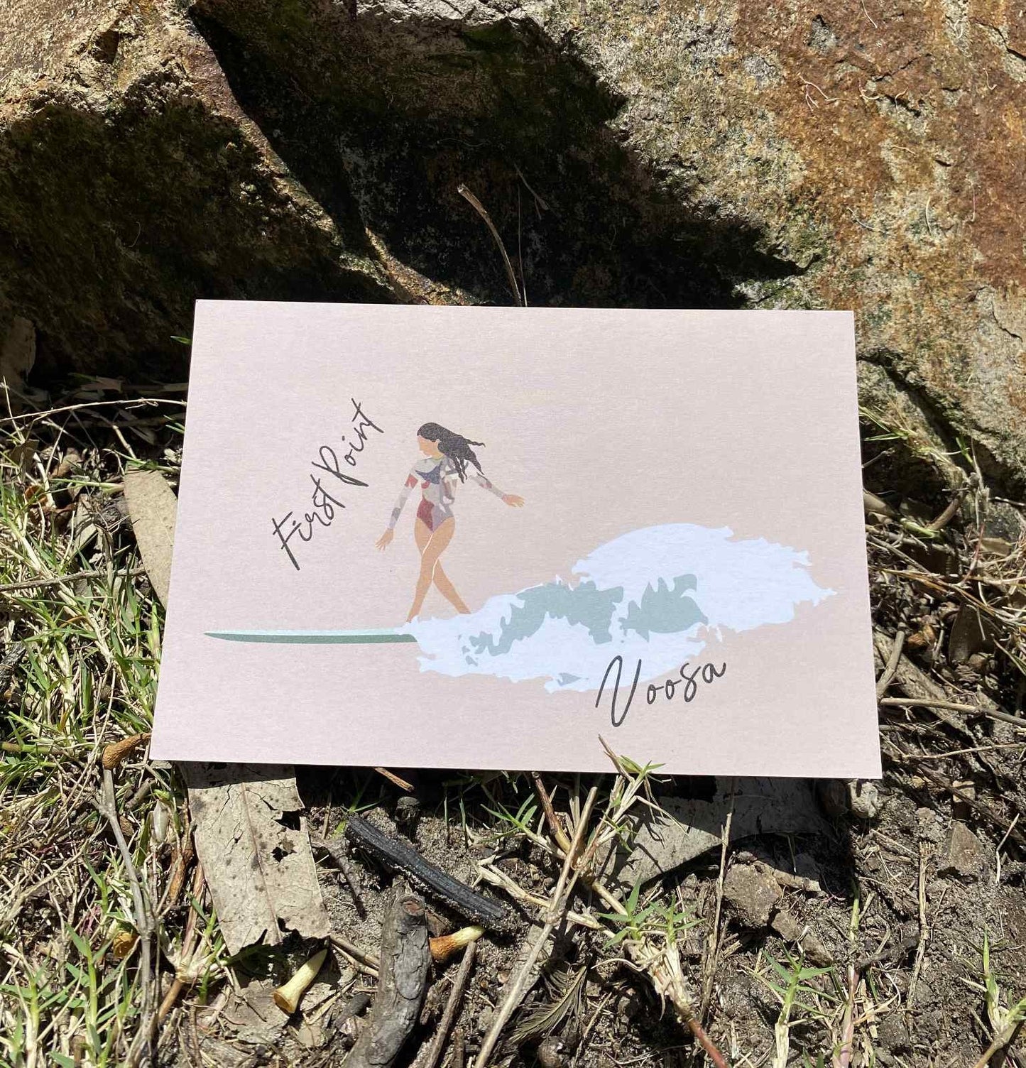Longboarder woman, First Point Noosa, ecofriendly postcard