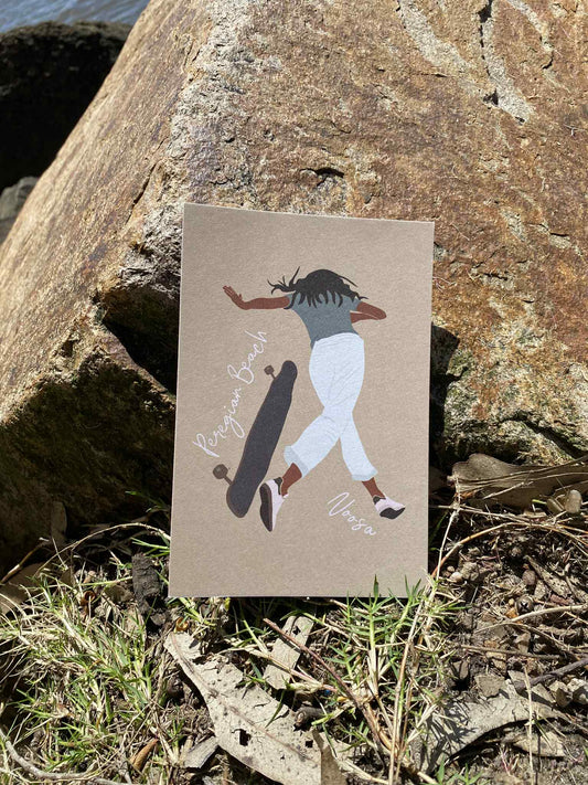 Skater woman, Peregian Beach, Noosa, ecofriendly postcard