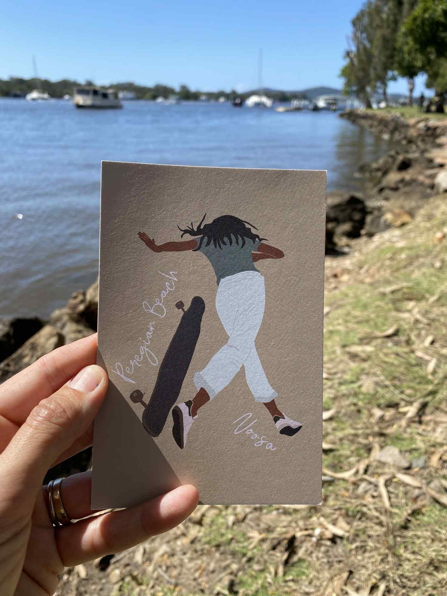 Skater woman, Peregian Beach, Noosa, ecofriendly postcard