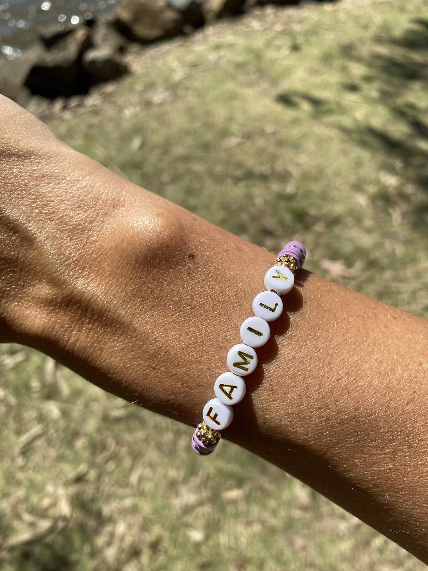Lilac purple FAMILY beaded stretch bracelet Romy