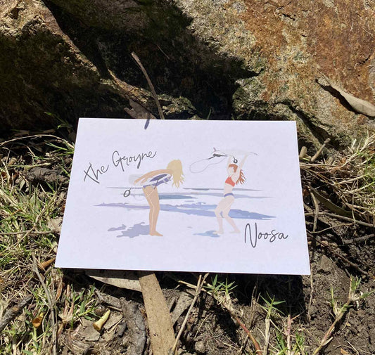 Teenage surfers, The Groyne Noosa, ecofriendly postcard