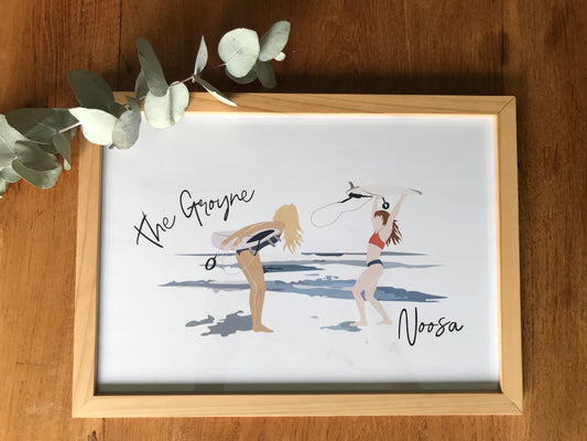Teenage surfers, The Groyne Noosa, ecofriendly poster A4