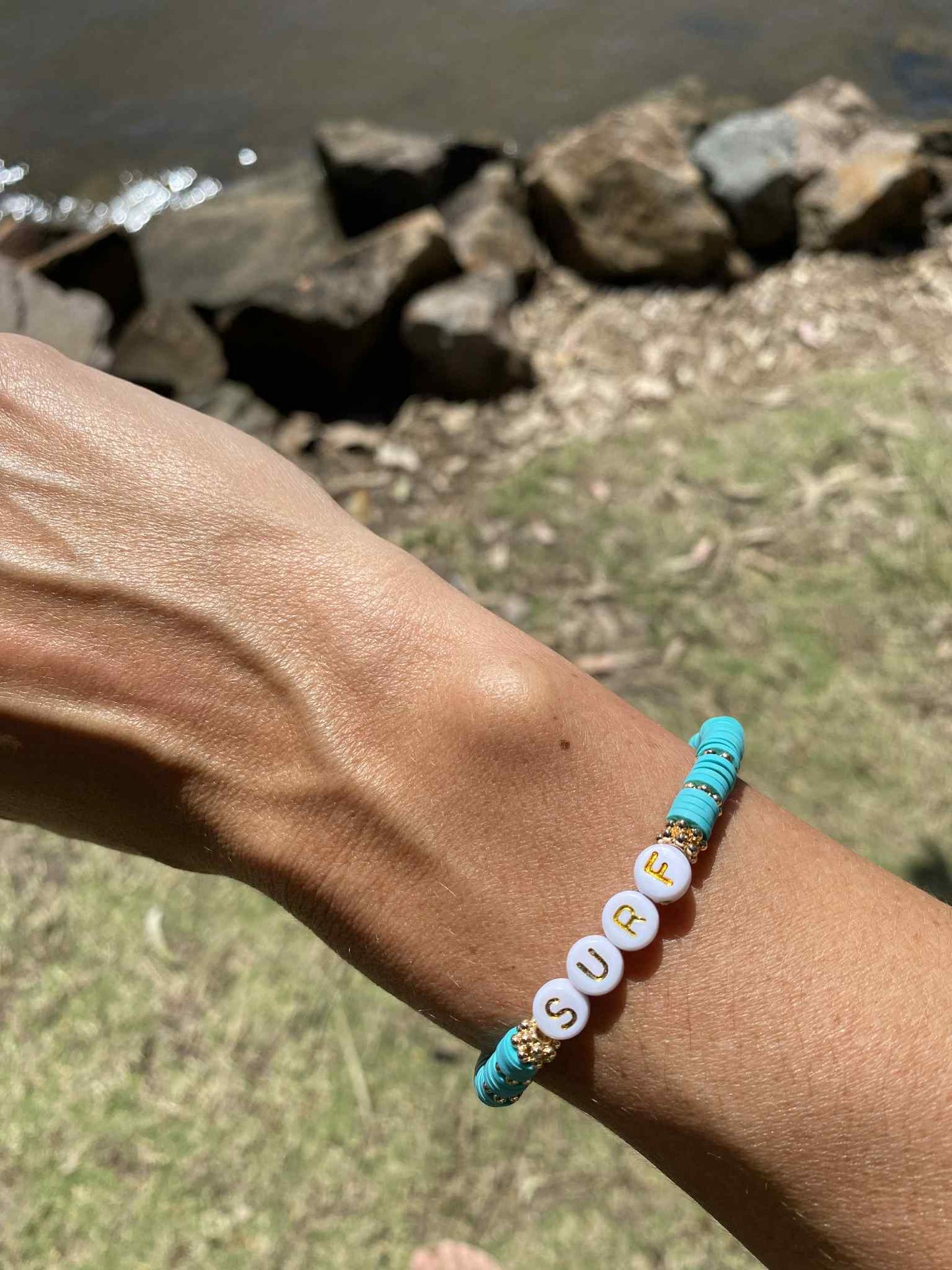 Aqua blue SURF beaded stretch bracelet Romy