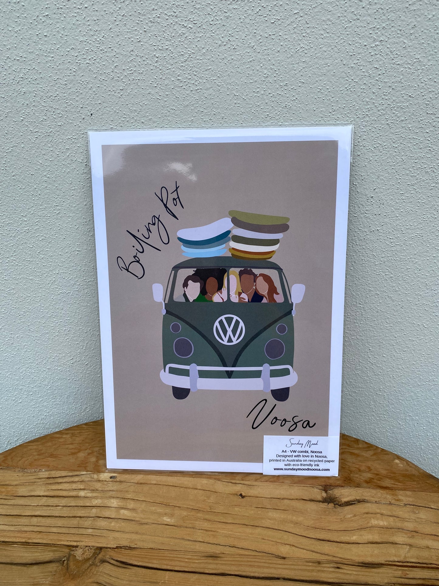 VW combi with friends and surfboards, Boiling Point Noosa, ecofriendly poster A4
