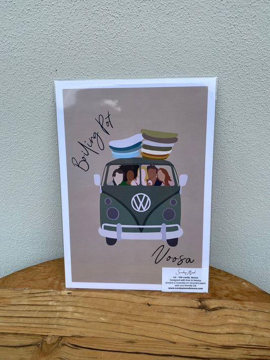 VW combi with friends and surfboards, Boiling Point Noosa, ecofriendly poster A4
