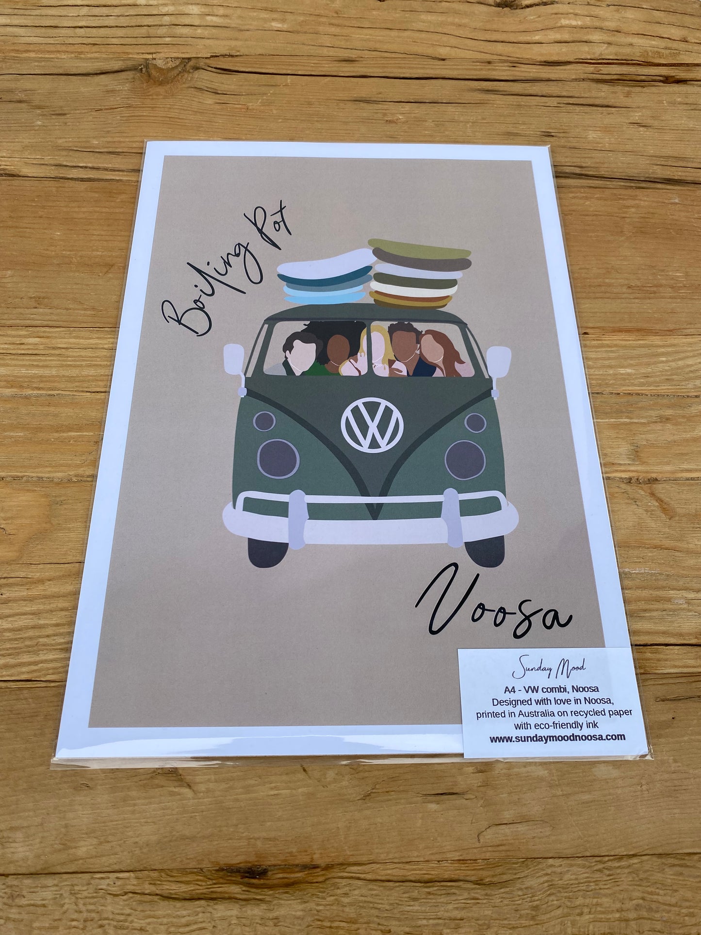 VW combi with friends and surfboards, Boiling Point Noosa, ecofriendly poster A4