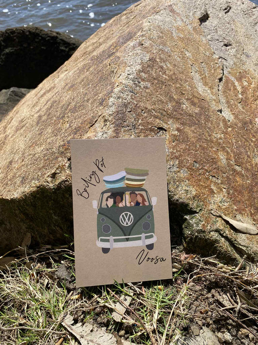 Volkswagen van with friends and surfboards, Boiling Point Noosa, ecofriendly postcard