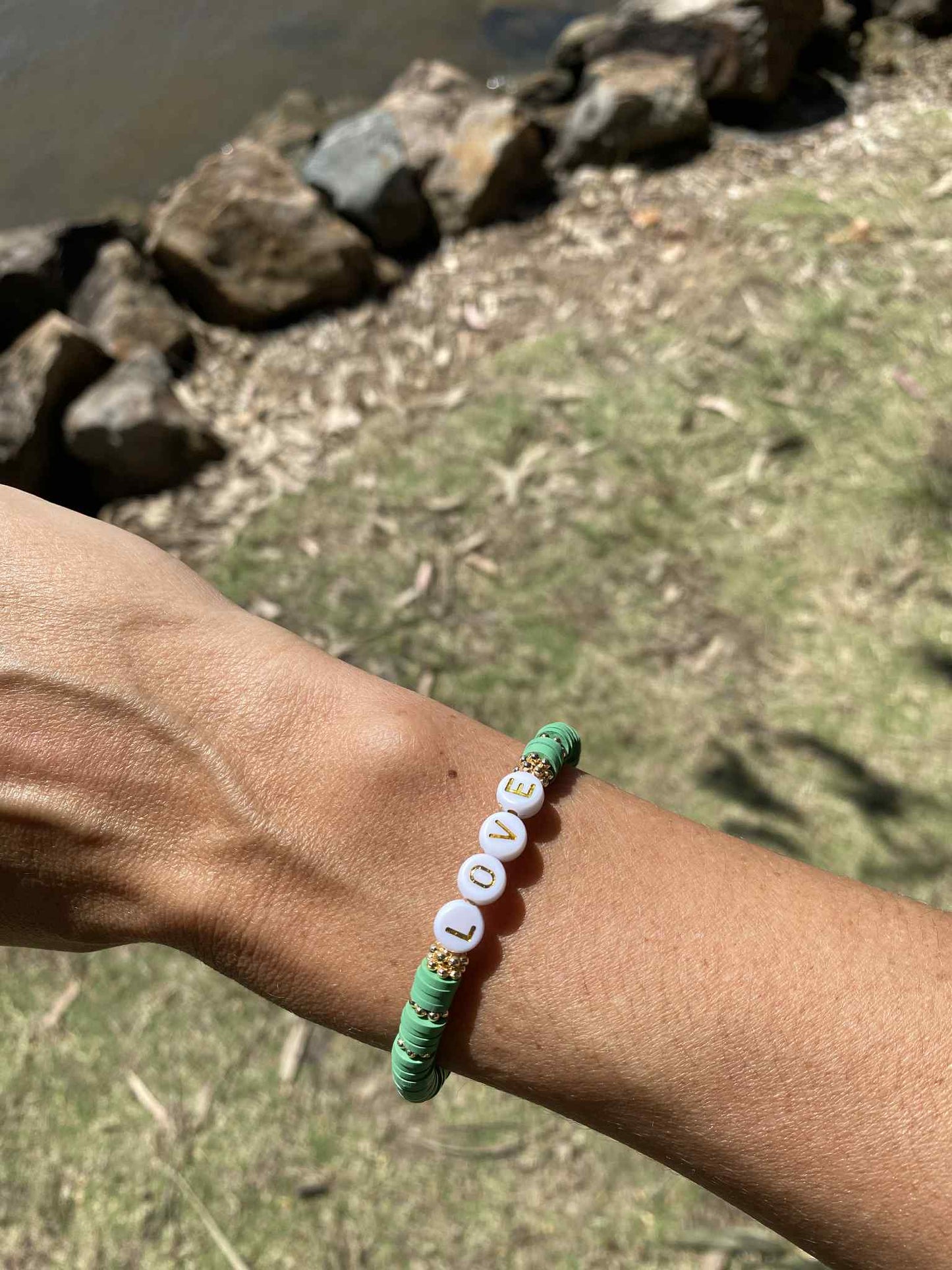 Eucalyptus green LOVE beaded stretch bracelet Romy