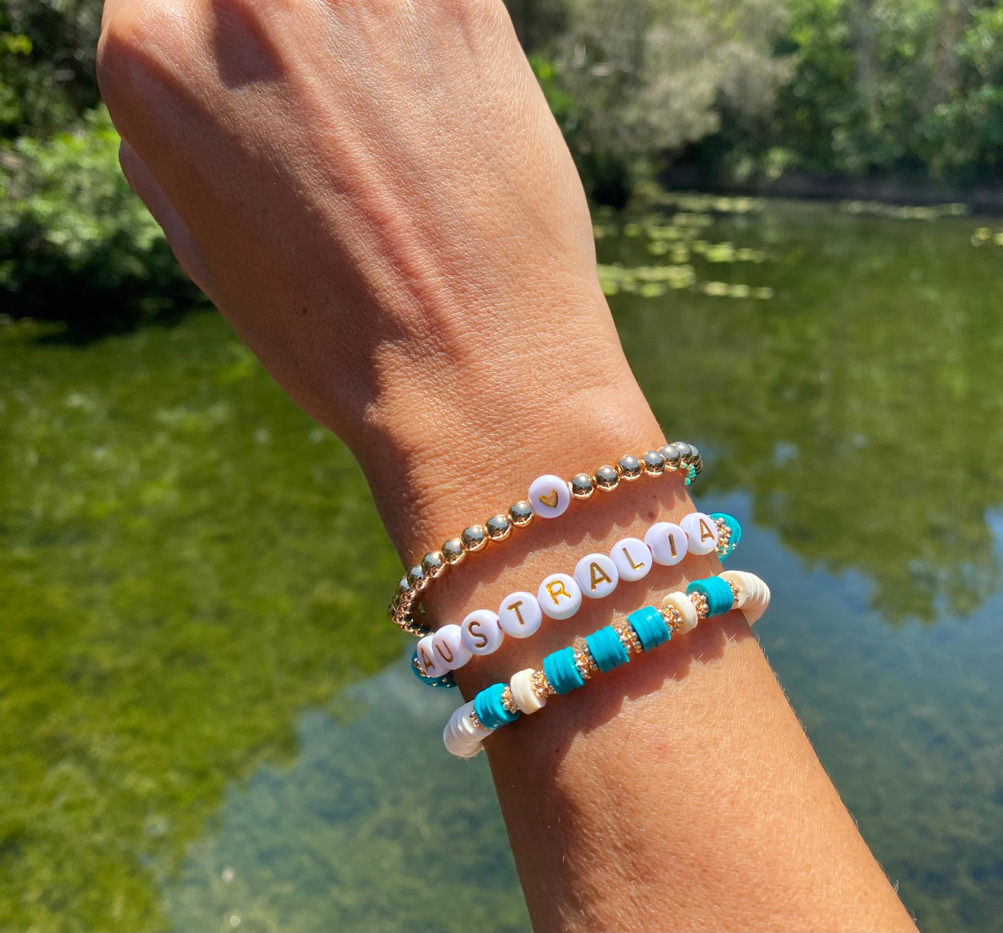 Coastal blue and white beaded stretch bracelet Romy