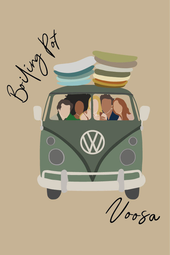 VW combi with friends and surfboards, Boiling Point Noosa, ecofriendly poster A4