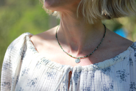 silver and epidote dark green necklace Alba jewelry Sunday Mood water safe