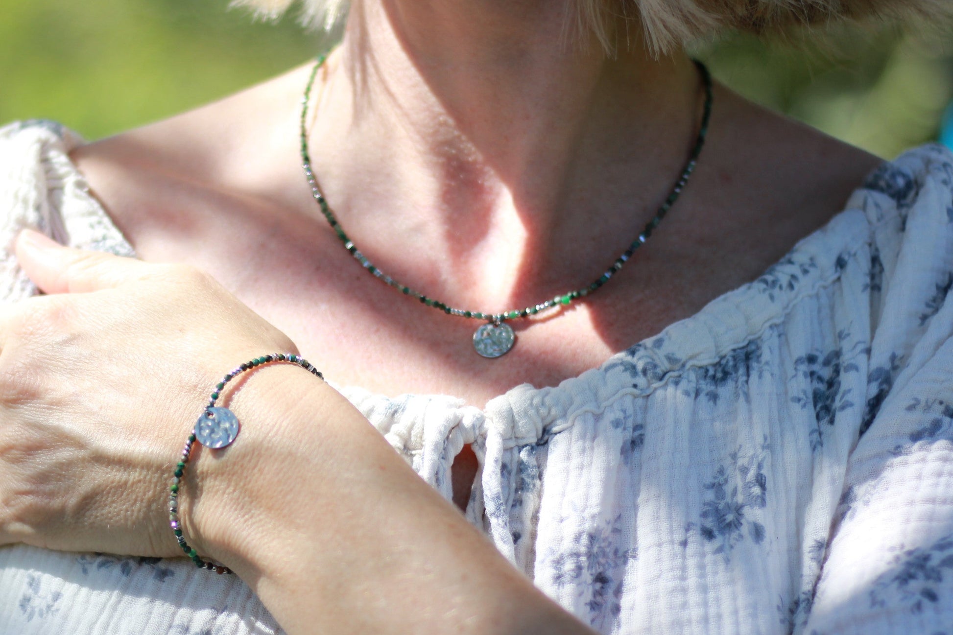 silver and epidote dark green necklace Alba jewelry Sunday Mood water safe