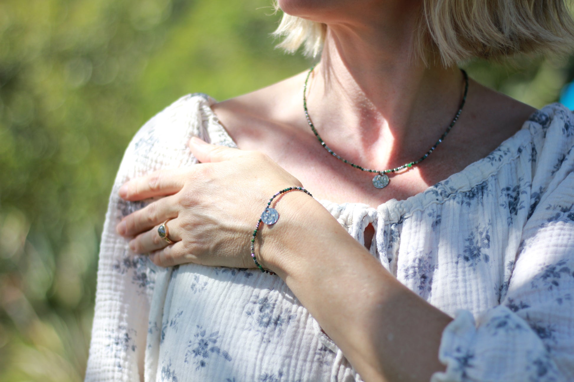 silver and epidote dark green necklace Alba jewelry Sunday Mood water safe