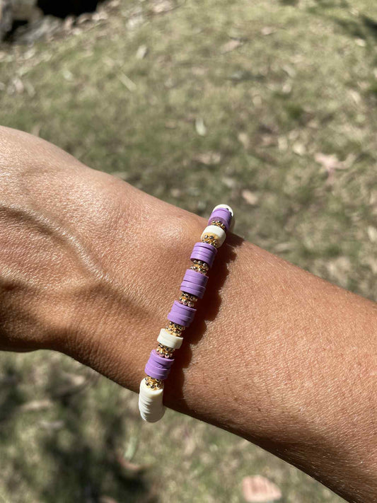 Lilac purple and white beaded stretch bracelet Romy
