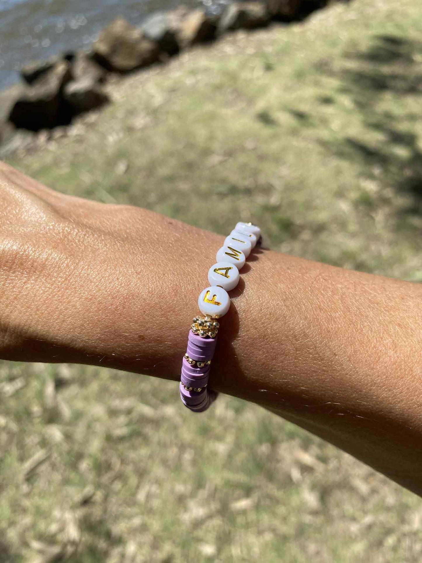 Lilac purple FAMILY beaded stretch bracelet Romy
